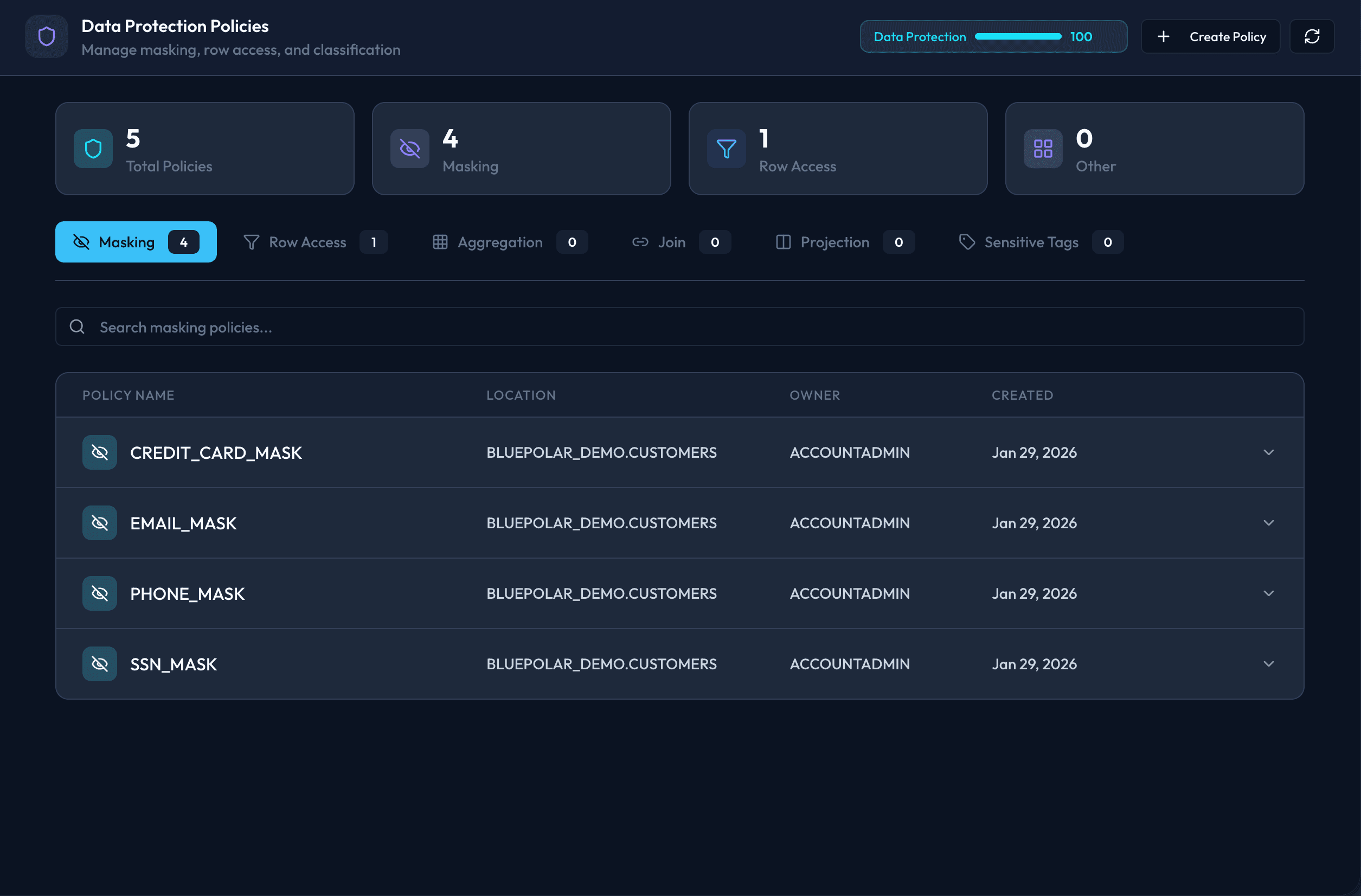 Data Protection policies including masking and row access
